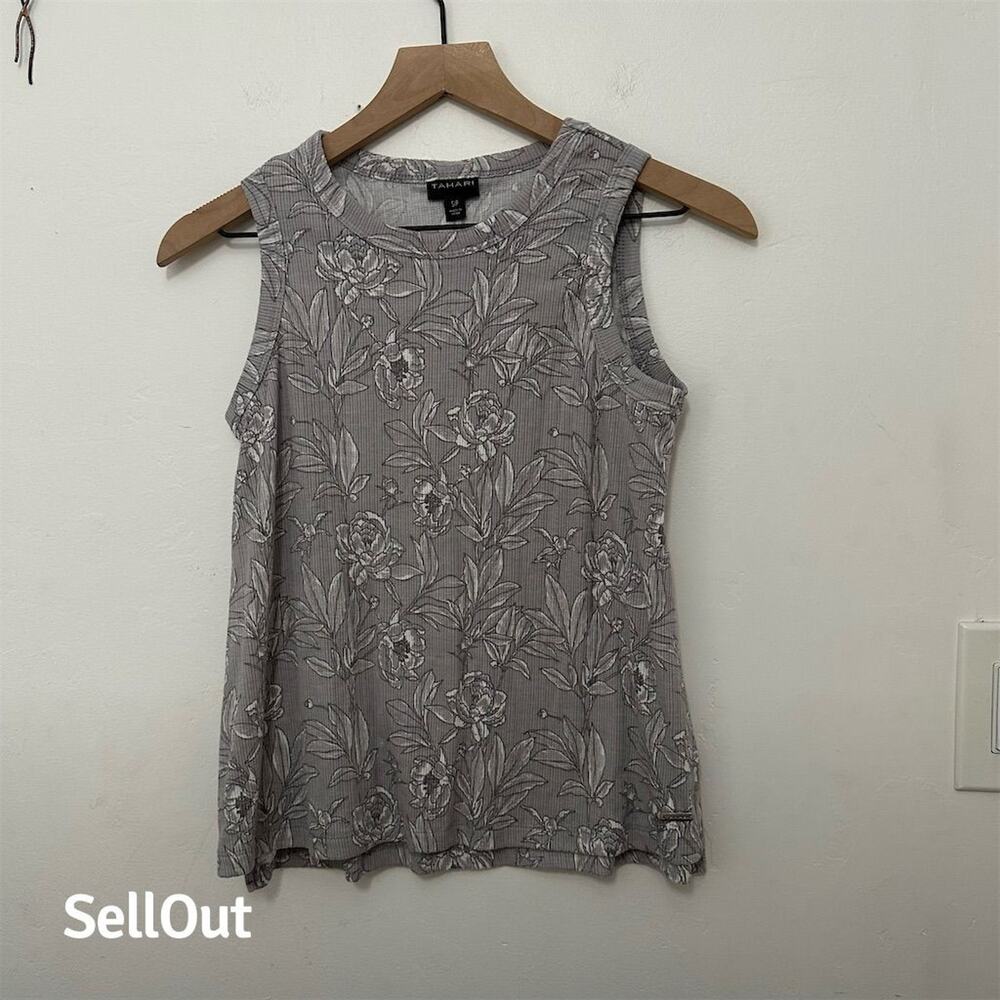 Tahari Women's Floral Sleeveless Tank Top Gray Size S